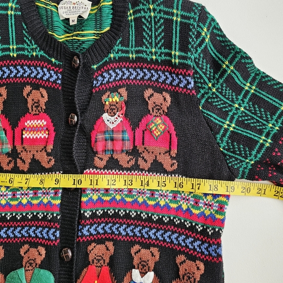 Vintage 1992 Susan Bristol Hand Knit Bear Pattern Colorful Cardigan Sweater Sz S - Picture 14 of 15